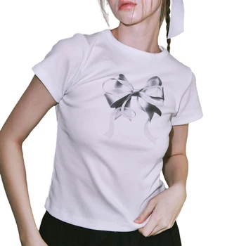 Dámské Krátký Rukáv Crewneck Luk Tisk T-Košile Ležérní Topy 2000S Slim T-shirt Oblečení