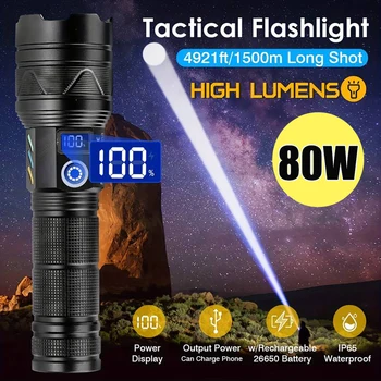 80W Bílá High Power Laser Silné Světlo Long Range LEP Svítilna USB Nabíjecí Venkovní Teleskopický Zoom Taktické Camping Lantern
