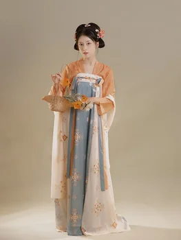 3ks Sada Letních Tang Čínské jednodílné Hrudník-délka Rozbité Sukně Print Ženy Víla Starověké Oblečení Šaty Hanfu Top Sukně Pibo