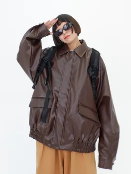 PU kožené bundy pro ženy na podzim roku 2023, nové volné kování bf American retro street ruffian hezký kabáty