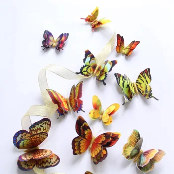 12ks 3D Speciální efekty Gold/Silver Double layer Butterfly Samolepky na Zeď Home dekorace Motýli Magnet Lednička samolepky PVC