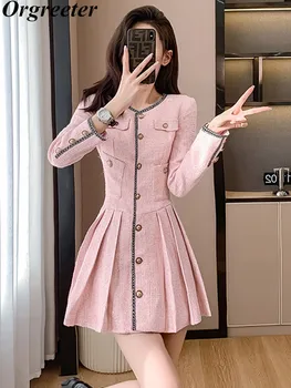Sladké Růžové O-neck jednořadového Mini Šaty Pro Ženy 2023 Podzim korejský Módní Skládaný Party Šaty Vestido Feminino
