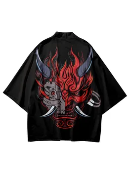 Streetwear Samuraj Japonský Styl Černého Démona Print Kimono A Šortky Set Mužů Yukata Svetr Cosplay Haori Asijské Oblečení
