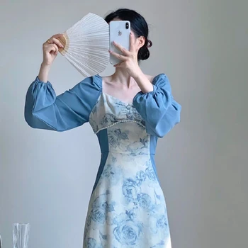 Modré Dlouhé Šifónové Šaty Jaro a Podzim Elegantní a Elegantní Ženy Šaty Čínský Styl Razítko Bílé Šaty pro Ženy Elegantní