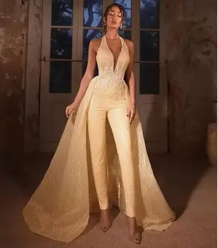 Šampaňské Zlaté Svatební Šaty kombinéza s odnímatelným vlak 2023 Ohlávka Krajka Pošity Lesklé svatební šaty, oblek kalhoty