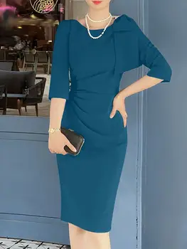 VONDA Ženy Elegantní Midi Šaty 2023 Obvaz Letní Kancelář Šaty Módní Šaty na Zip Ležérní jednobarevné Skládaný Vestido Roucho