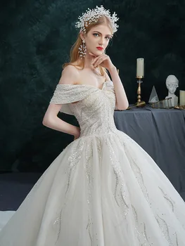 Princezna Nadýchané Luxusní Svatební Šaty Off Rameno Lesklé Diamond Crystal Korálky Zakázku Člun Krk Francouzské Svatební Šaty