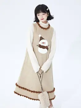 Japonské originální vlněné šaty sněhuláka vyšívané vlněné vesty zimní šaty dlouhé volné věk-snížení kolem krku kabát sukně freshing