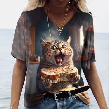Módní Dámské tričko Kočka Tištěné Krátký Rukáv Ženy Harajuku Trička Dámské Tričko Nadrozměrné V-neck Topy Zvířat Ženy Oblečení