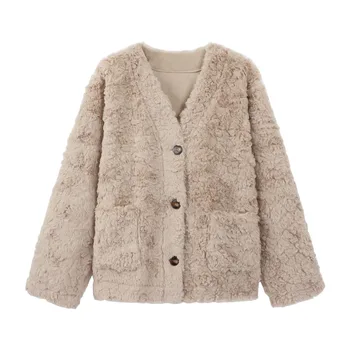 Načechraný Dámské Fleece Kabát Elegantní V-Neck Jeden Breasted Teplý Svetr, Ležérní Oblečení Ženy Streetwear Bundy