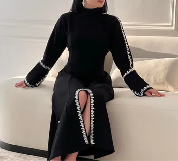 FDY Store Černé Přední Štěrbinou Plesové Šaty Saúdská Arábie Ženy Nosí Vysoký Límec Drahokamu Dlouhý Rukáv Večerní Formální Šaty