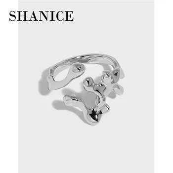 SHANICE korejské S925 mincovní stříbro prsten otevřený Minimalistický nepravidelný povrch láva prsten net celebrity nika prsten cool punk