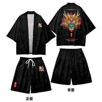 Japonský Cosplay Dragon Tištěné Svetr Harajuku Kimono Šortky Sady Yukata Ležérní Vintage Košile Ženy Muži Haori Dvoudílný Oblek