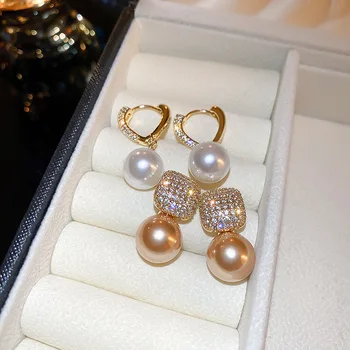 Zirkon Pearl Čtvercové Náušnice pro Ženy, francouzský Lehký Luxusní Jednoduché Módní Univerzální Strana Šperky