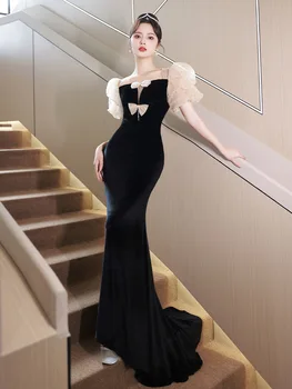 Retro Velurové Večerní Šaty Klasický Elegantní Luk Puff Sleeve Mermaid Šaty 2023 Světlo Luxusní Slim Hostina Šaty