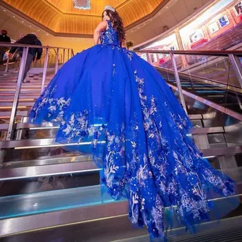 Lorencia Královské Modré Lesklé Quinceanera Šaty plesové Šaty 2023 3DFloral Nášivky, Ruční práce Květina Sladké 15 Vestidos De Fiesta YQD354