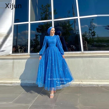 Xijun Modré Třpytky Ples Šaty Dlouhé Rukávy A-Line Skromný Večerní Šaty Dubaj Arabské Ženy, Plesové Šaty Formální Marocké Kaftan