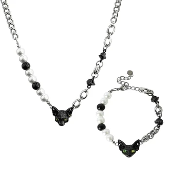 Y4QE 2ks/set Černá Kočka Sestřih Korálkový Náhrdelník pro Ženy, Korean Módní Náramek Y2k Šperky Pearl Korálky Klíční kost Řetěz