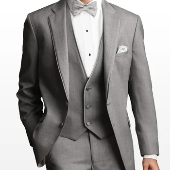 Obleky pro Muže Blazer Sako Kalhoty Vesta Tři Kus Grey Single Breasted Vroubkované Klopě Ženicha Svatební Elegantní Pravidelné Příležitosti