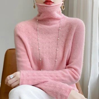 100% čistý svetr dámy 2023 podzimní a zimní nové plná barva high-hrdlem s dlouhým rukávem módní duté volné pletené svetr.