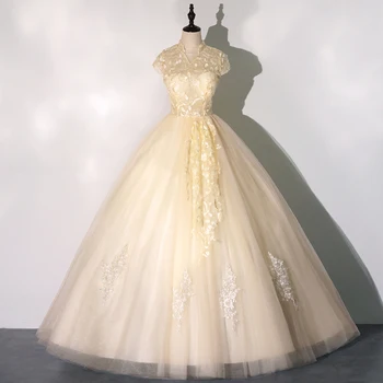 2023 Nové Šampaňské Quinceanera Šaty Elegantní High-neck Krátký Rukáv Tyl plesové Šaty Nádherné Krajky Květinové Vestido De Baile