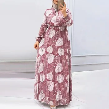 Muslimské Turecko Kaftan Volné Roucho Femme Kaftan Islámu Oblečení Skládaný Šaty s List Vzor Šaty pro Ženy Ležérní Dubaj Abayas