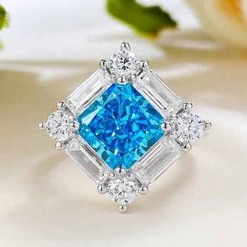 2023 Nové 925 Sterling Silver Navy Blue Ice Květ Řez S Vysokým Obsahem Uhlíku Diamant Osobní Fashion Square Ring