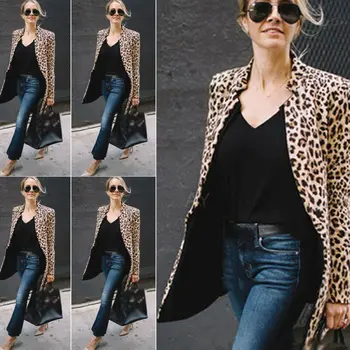 2019 Nové Módní Ženy Leopard Tisk Dlouhý Kabát Ženy Podzim Zima Plus Velikosti Dlouhý Rukáv Štíhlé Dlouhé Topy
