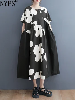 NYFS 2023 Letní Nové Ženy Šaty Vestidos Plášť Elbise Volné Plus Velikosti Vintage Tisk s Krátkým Rukávem Dlouhé Šaty