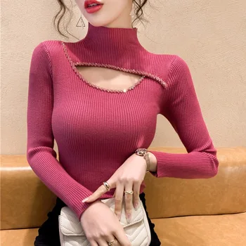 2023 Podzimní Pletený Svetr Ženy Ležérní Mikiny Sexy Slim Crop Topy Ženy Korejský Styl Strana Design Elegantní Svetr H104