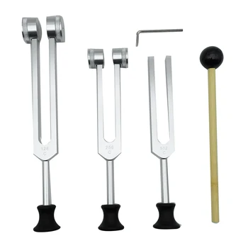 4 Pack Tuning Fork Set(128Hz, 256Hz, 512Hz)s Tuning Fork Kladivo pro Zvuk, Zvuk, Vibrace Nástroj, s podstavcem,Stříbrná