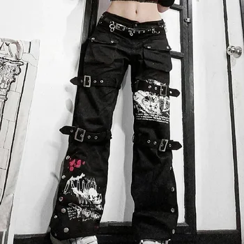 E-dívka Gothic Black Nákladní Kalhoty Capri Dámské Nízké Pasu Džíny Dlouhé Kalhoty Y2K Grunge Vintage Hip Hop, Punk Harajuku Streetwear