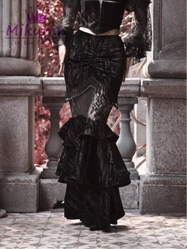 Mikumn Vintage Dámské Gotické Sametové Fishtail Sukně Fairy Grunge Slim Korálkové Krajky Sexy Dlouhé Sukně Halloween Party