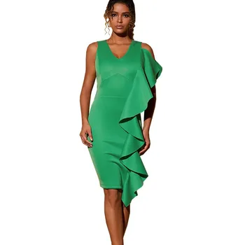 Zelené Elegantní Africké Dámské Krátké Šaty bez Rukávů Nabíranou Výstřih Sexy Hip Objímání Vysokým Pasem Tužka Šaty 2023 Podzim Vestidos