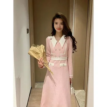 Nové Celebrity Luxusní Ženy Pracují Dlouhé Šaty Podzim Elegantní Temperament Slim Pasu Růžová Malý Vůně Streetwear V Japonštině V Korejštině