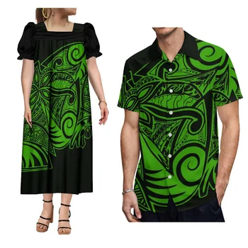 2024 Létě Vlastní Logo Velký Muž Tlačítko Havajská Košile Pro Muže A Mumu Šaty Pro Ženy Micronesian Personalizované Pár Oblek