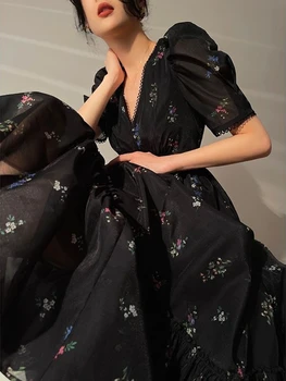 Lucerna Rukáv Francie Vintage Šaty Ženy Černé Print Elegantní Večerní Party Dlouhé Šaty Volánky V-neck Korean Kauzální Šaty 2023