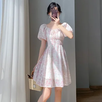 2024 Letní Ženy Víla Mini Šaty Lomítko Krku Květinové Sladké Romantické Princess Šaty Puff Sleeve Elegantní Ženský Elegantní Vestido