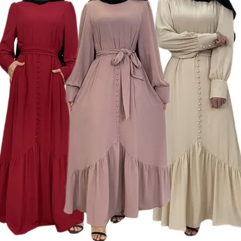 Elegantní Ženy Muslim Eid Strana Abaya Dlouhé Maxi Šaty Turecko Arabské Kaftan Dubaj Župan Páskem Islámský Femme Ramadán, Oblečení, Šaty