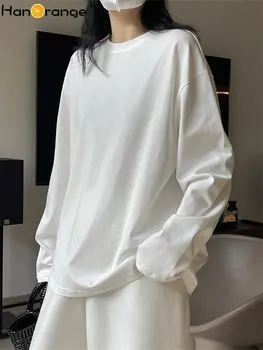 HanOrange 2023 Brzy na Jaře Jednoduchá Silueta O-neck Cotton T-shirt Ženy Volné Ležérní Pohodlný Top Tees Ženy Bílá/Černá