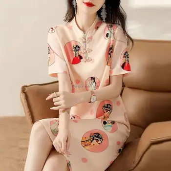 2023 čínský nový ženy tisk krátký rukáv cheongsam šaty krátký rukáv stojan límec módní retro volné qipao šaty s484