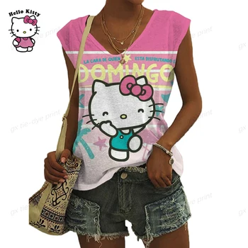 2023 Dovolenou Ženy, T-Košile Hello Kitty Print Top Retro T-Shirt Letní Krátký Rukáv V-Neck 3d Tee Ležérní Harajuku Nadrozměrné Nádrže