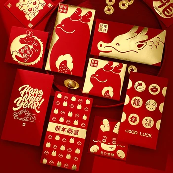 6ks Roztomilé Dragon Rok Hongbao Červené Obálky Pro 2024 Nový Rok Jarní Festival Červený Packet Štěstí, Peníze Pakety Karikatura Dárkové Tašky