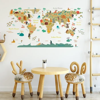 Kreslených Zvířat, Mapa Světa Samolepky na Zeď DIY Tapety Pro dětský Pokoj Ložnice, dětského pokoje Zeď Dekor Nástěnné Nálepky Domova