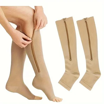 2 Páry Kompresních Ponožek s Boční Zip pro Křečové Žíly, Prevence a Zlepšení Oběhu Sportovní Ponožky Stehna Vysoké Ponožky