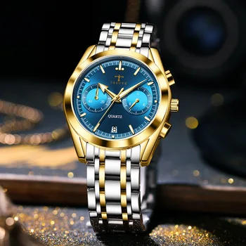 Nejlepší Kvalitu Světelný Quartz Hodinky pro Muže s Oceli Kapela Blue Gold Luxusní Obchodní reloj hombre