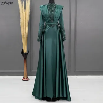 Funyue Smaragdově Zelené Muslimské Formální Příležitosti Šaty Róby De Soirée Korálkové Satén arabské Dubaji Večerní Šaty pro Ženy Elegantní