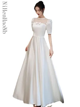 Krátký Rukáv Svatební Šaty Satén A-Line Délka Podlahy Svatební Party Šaty Korejský Styl Elegantní Svatební Šaty