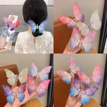 Pohybující se Motýlek Dvojitá Vrstva Tylu Butterfly Vlasy Klip Děti Barevné Sladké Roztomilé Vlásenka Barrette Doplňky pro Dívky Děti