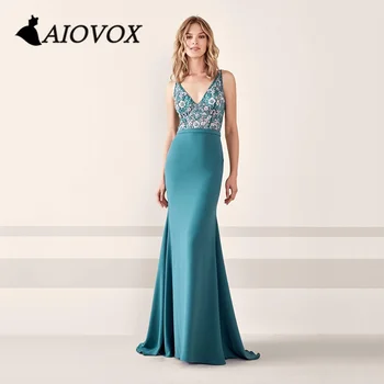 AIOVOX V-neck Korálkové Formální Ples Šaty Drahokamu Nášivky Mermaid Večerní Šaty Illusion Zpět Vestido De Noche pro Ženy